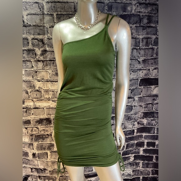 Olive Green 1 Shoulder Mini Summer Bodycon Dress - Picture 4 of 8